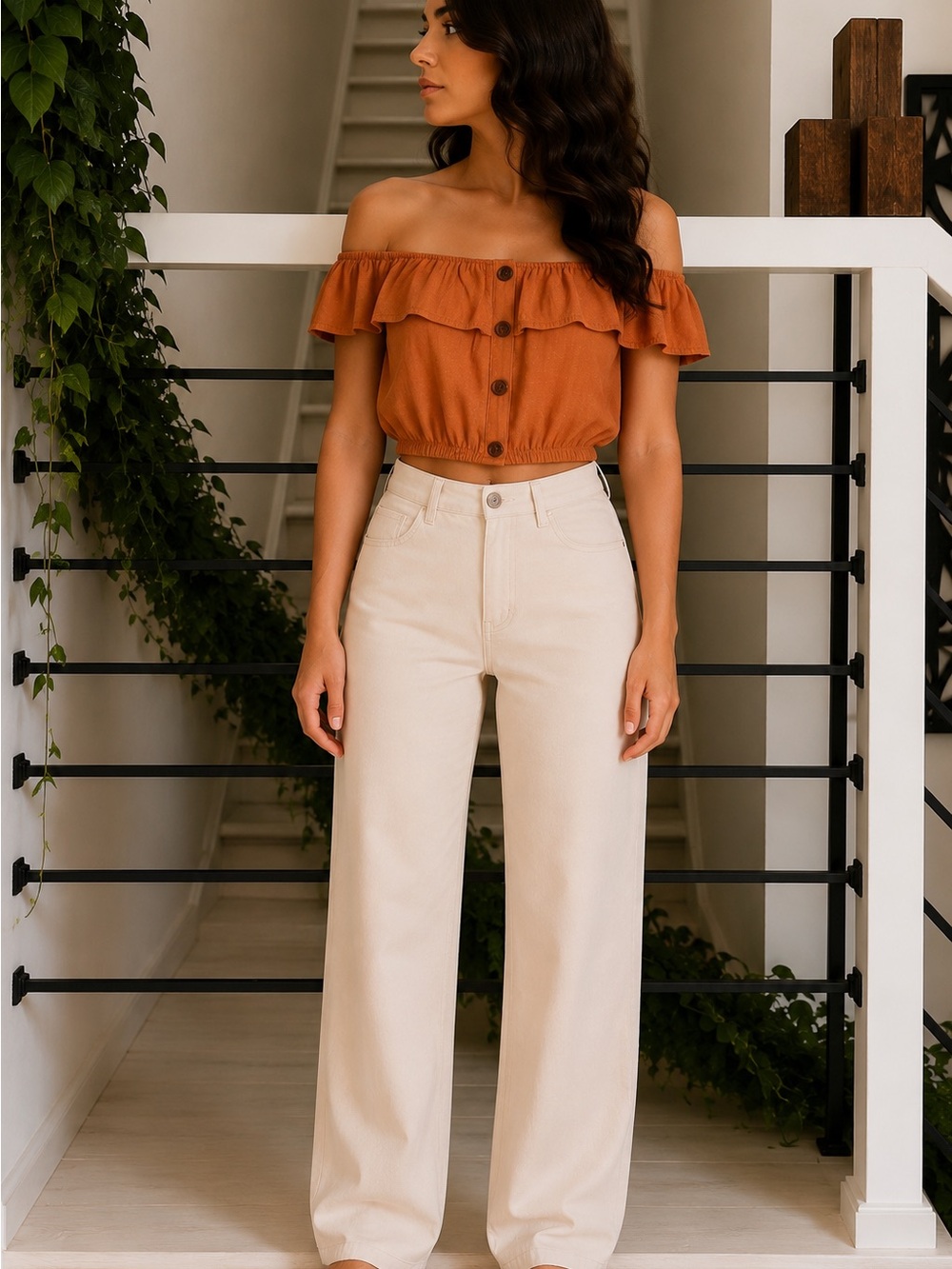 Forever 21 Rust Off Shoulder Button Front Ruffle Crop Top Medium